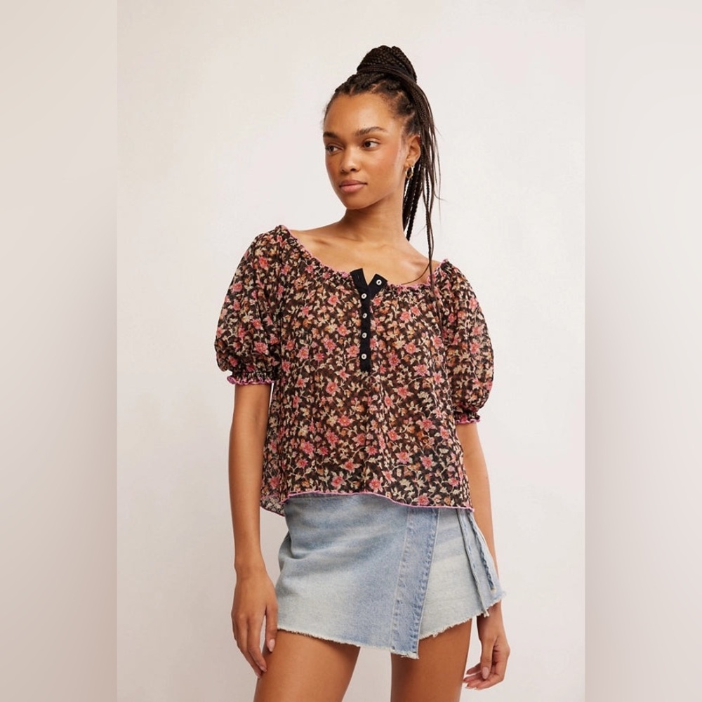 Free People Astra Peasant Top In Black Combo